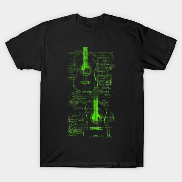 Neon Green Acoustic Guitar Da Vinci blueprint T-Shirt by Trip Tank